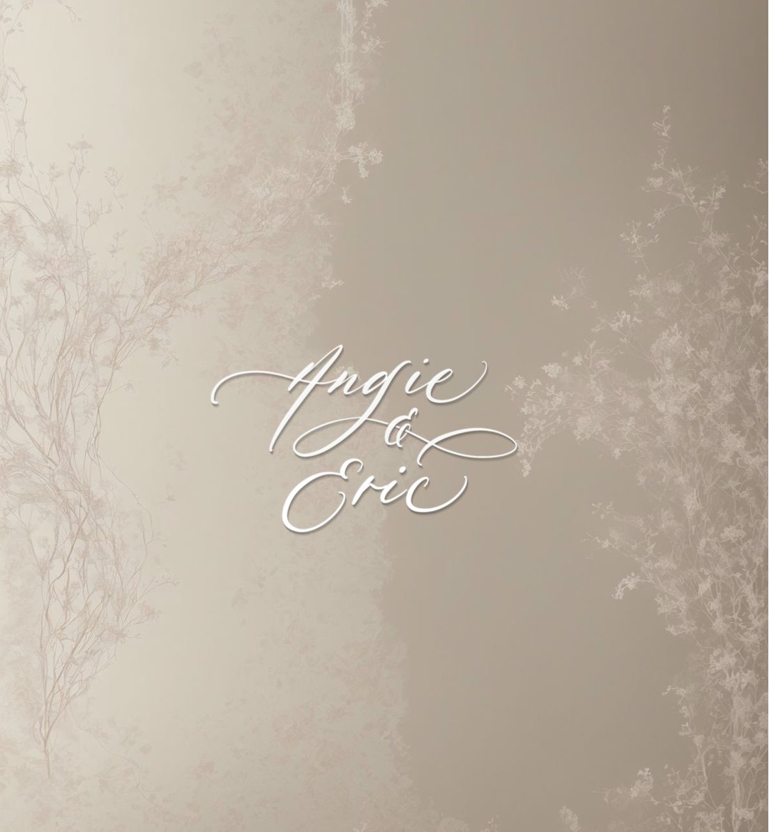 Digital calligraphy couple logo on a taupe floral wedding backdrop