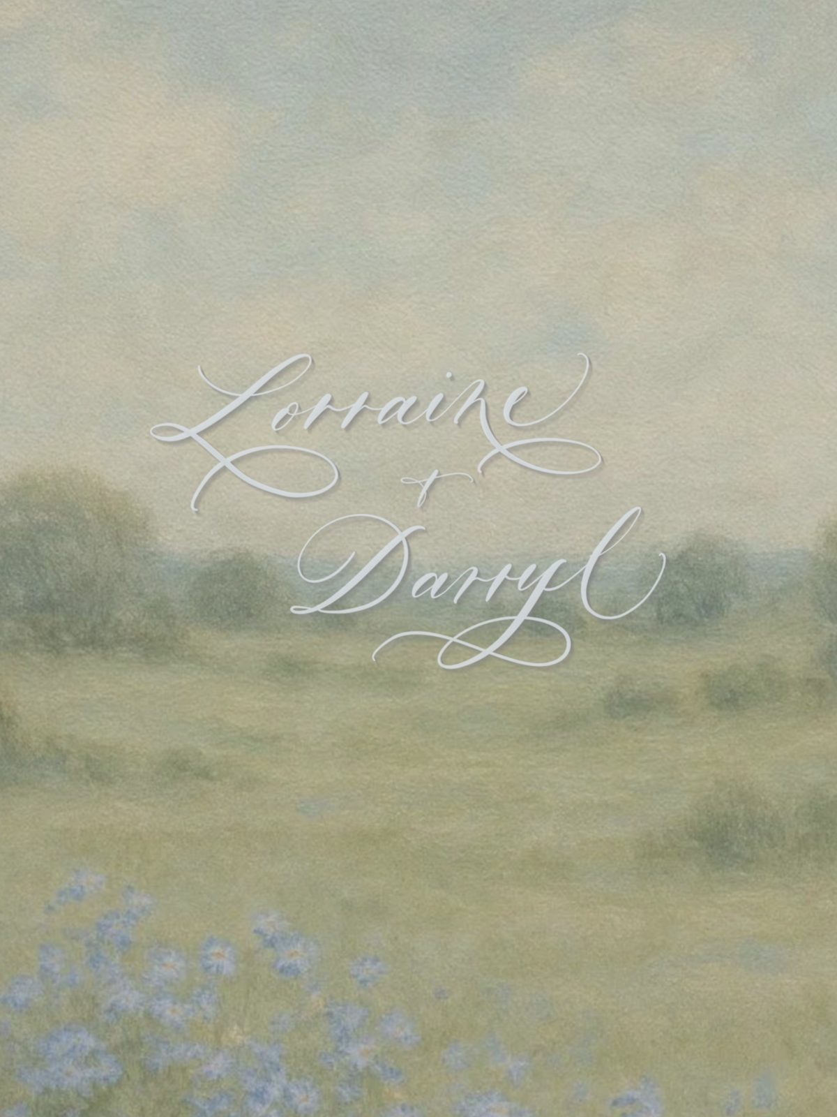Digital calligraphy wedding logo over a painted landscape backdrop