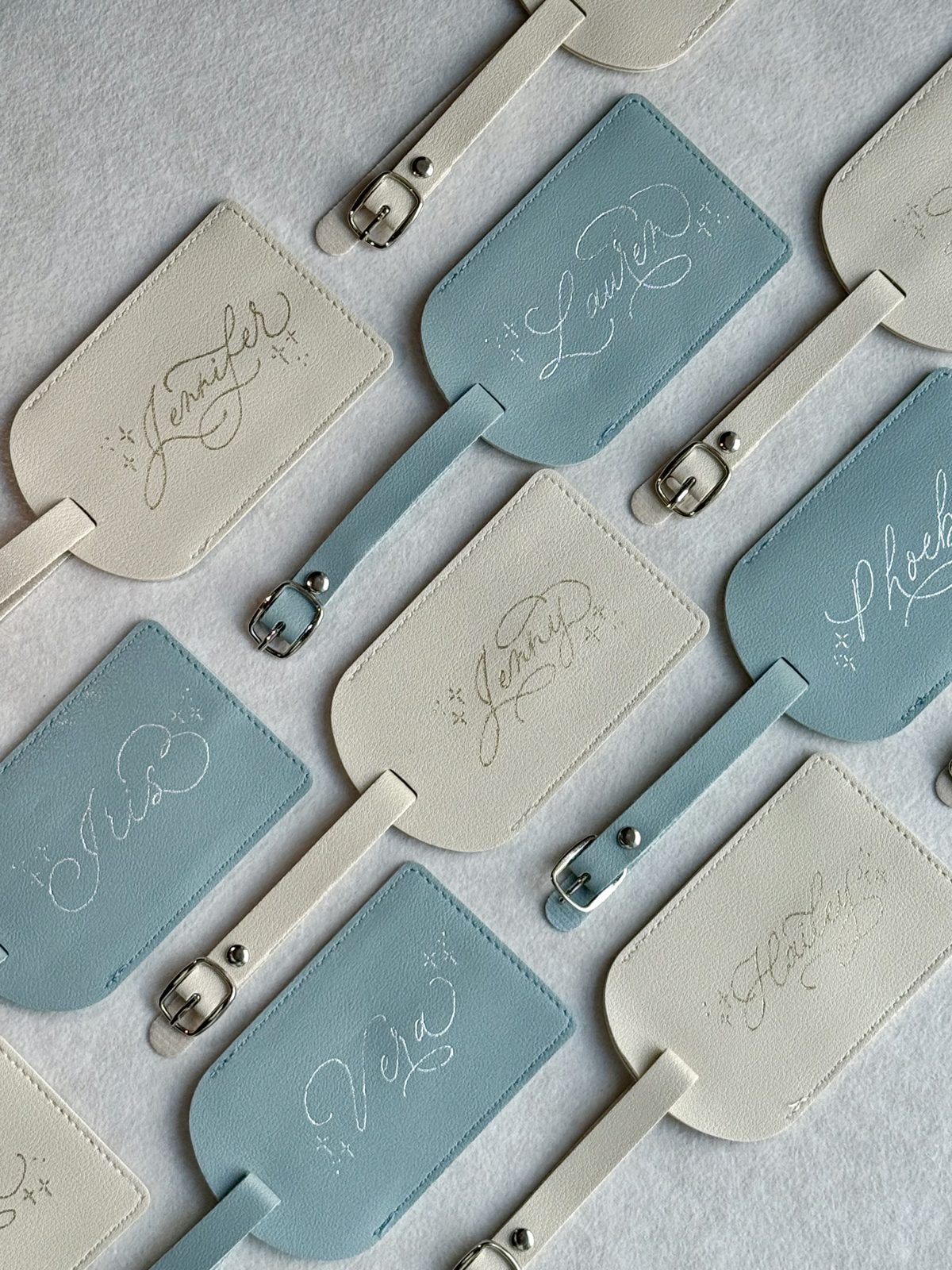 Pastel leather luggage tags hot foiled with names in gold