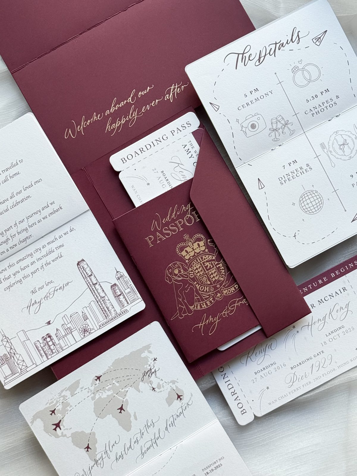 Burgundy Hong Kong wedding invitation suite with gold foil illustrated venue